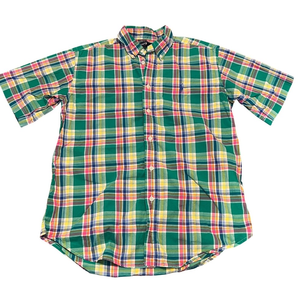 Ralph Lauren Boys Short Sleeve Plaid Preppy Button Down Size L 16/18